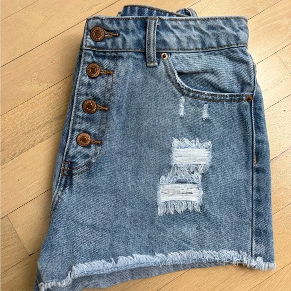 Forever 21 Blue Distressed Jean Shorts High-Waisted - Picture 2 of 4
